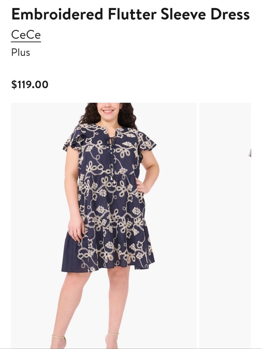 NWT CeCe Embroidered Flutter Sleeve Dress - Navy & Cream